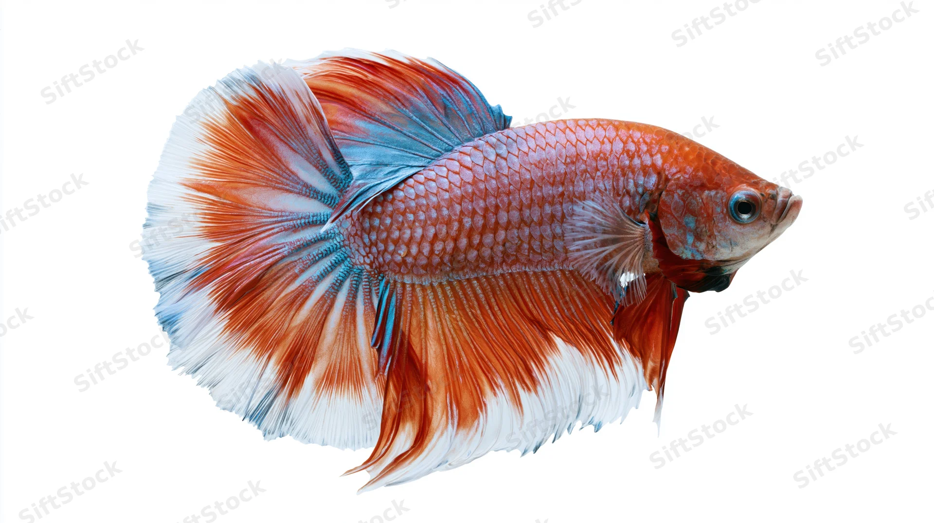 Siamese fighting fish swimming in profile full body visible against white background