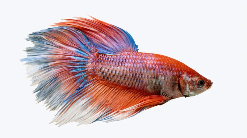 Siamese fighting fish swimming in profile full body visible against white background