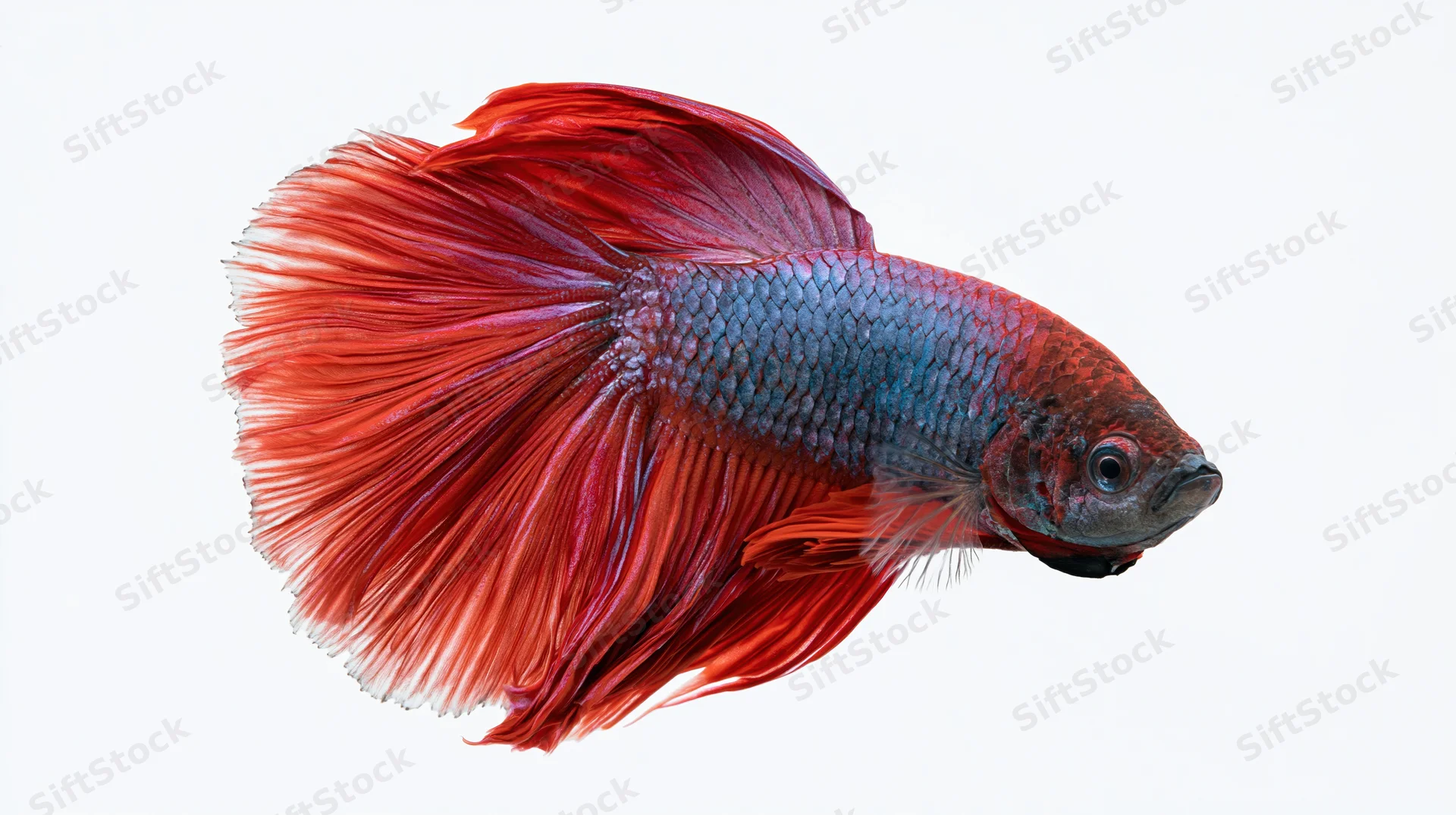 Red and blue betta fish swimming in profile against white background