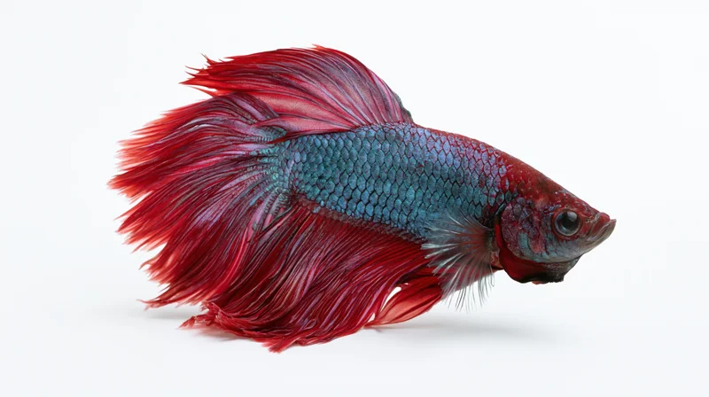 Red and blue betta fish swimming in profile against white background
