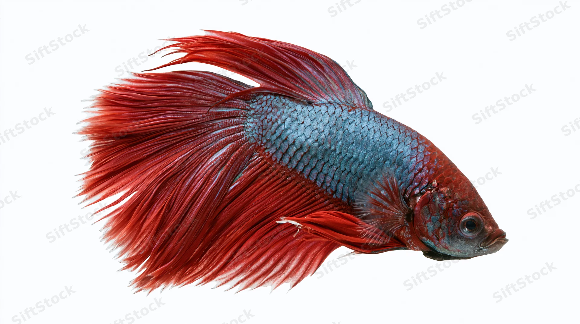 Siamese fighting fish with flowing red fins and blue-scaled body isolated on white background