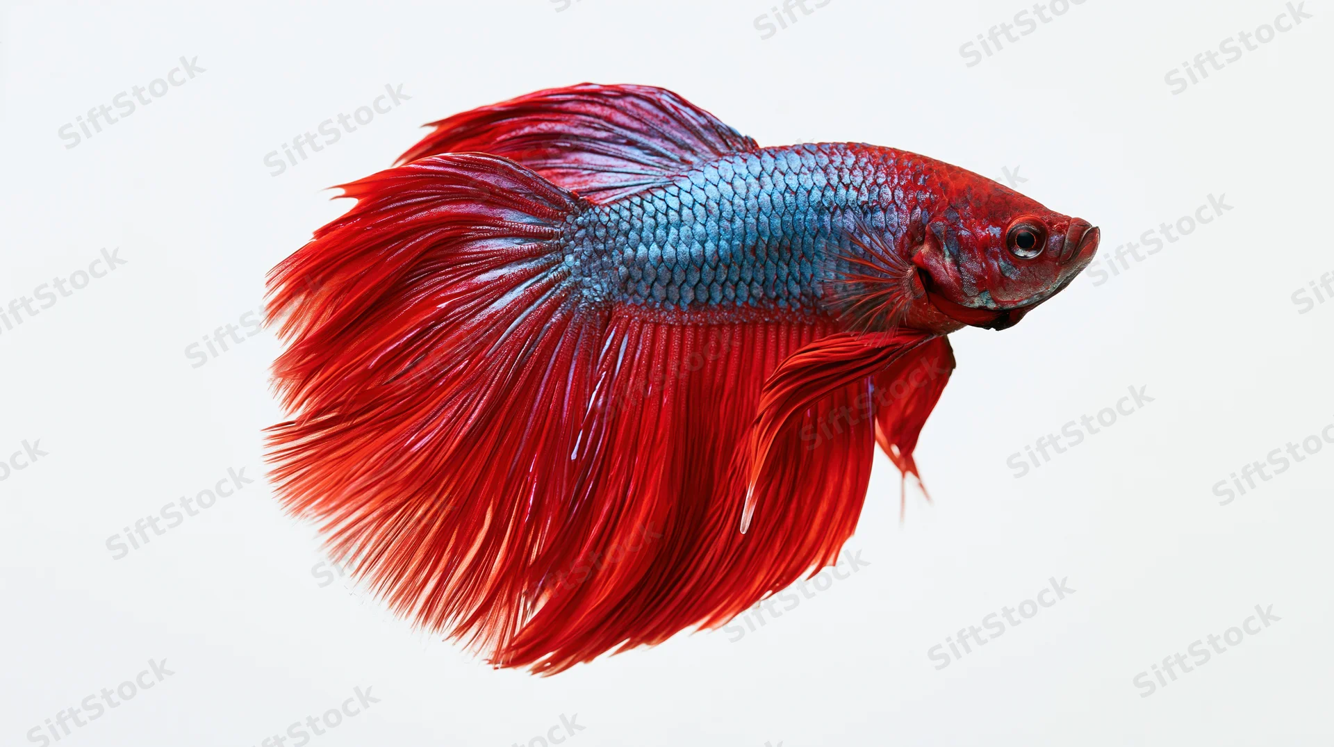 Red and blue betta fish swimming in profile against white background