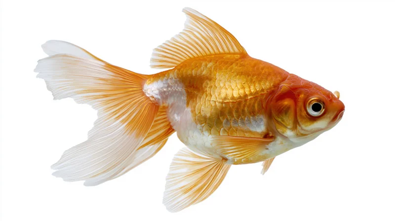 Fancy goldfish swimming side on against white background