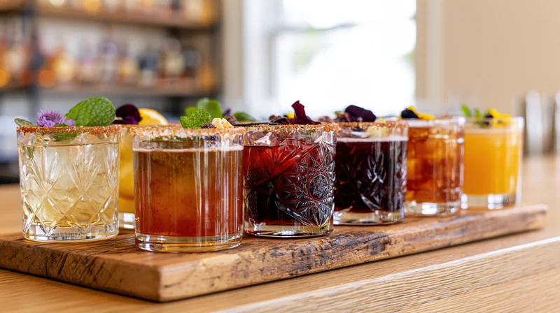 Six craft cocktails with garnishes arranged on a reclaimed wood tray on a bar counter