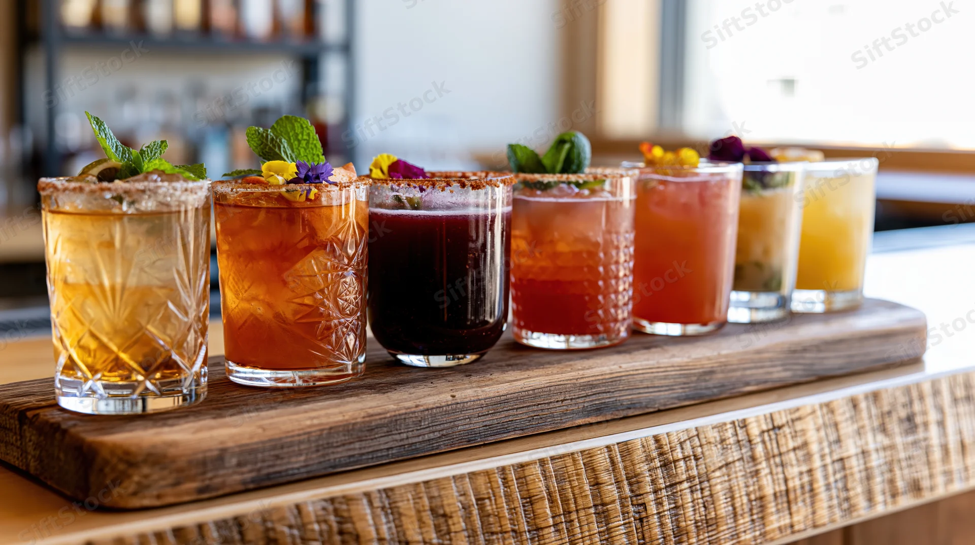 Six craft cocktails in varied colors lined up on a reclaimed wood tray at a bar
