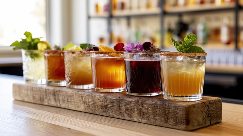 Six craft cocktails in varied colors lined up on a reclaimed wood tray at a bar