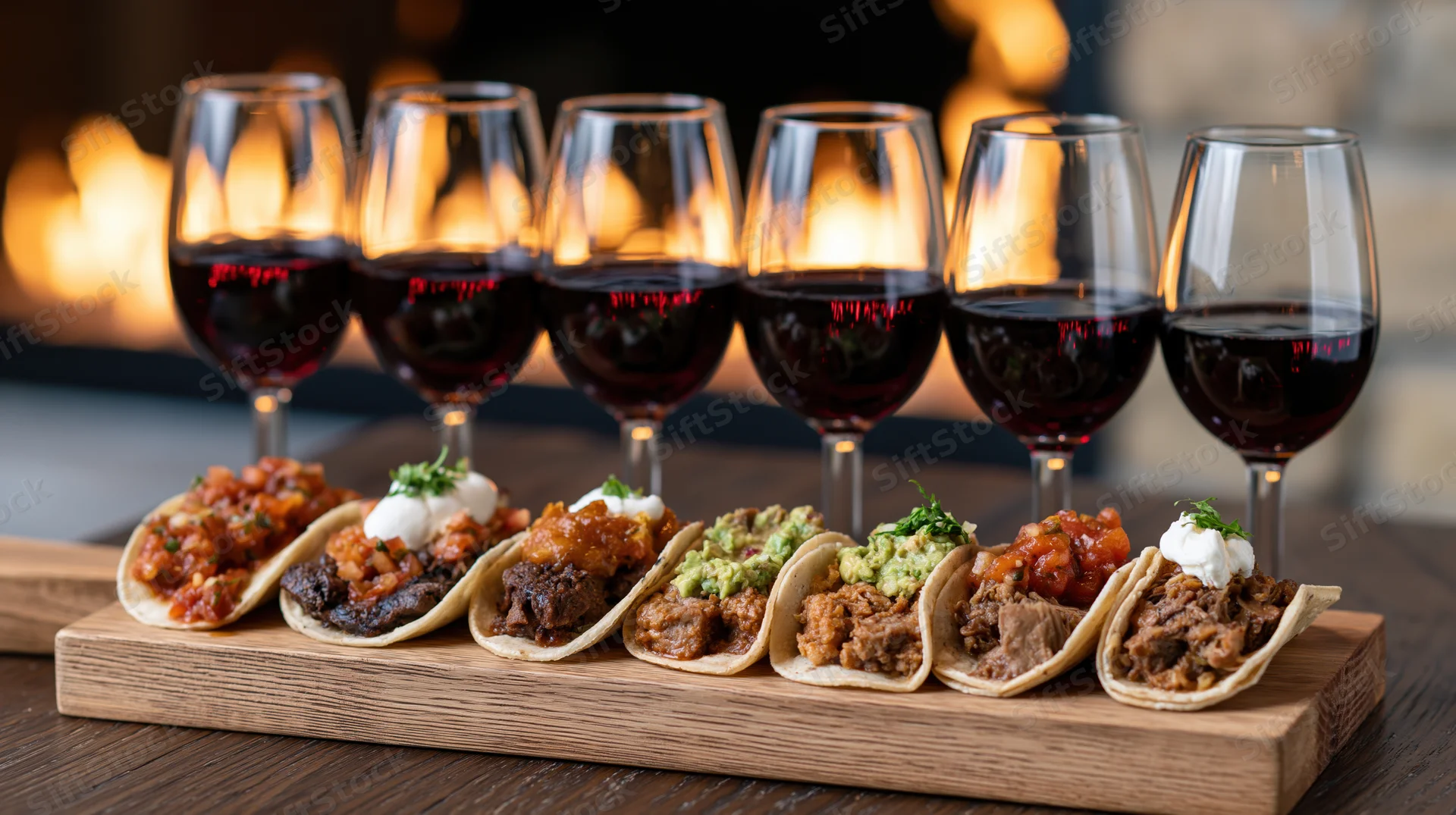 Six tacos with various fillings arranged on a wooden board with red wine glasses behind them in a warm indoor setting