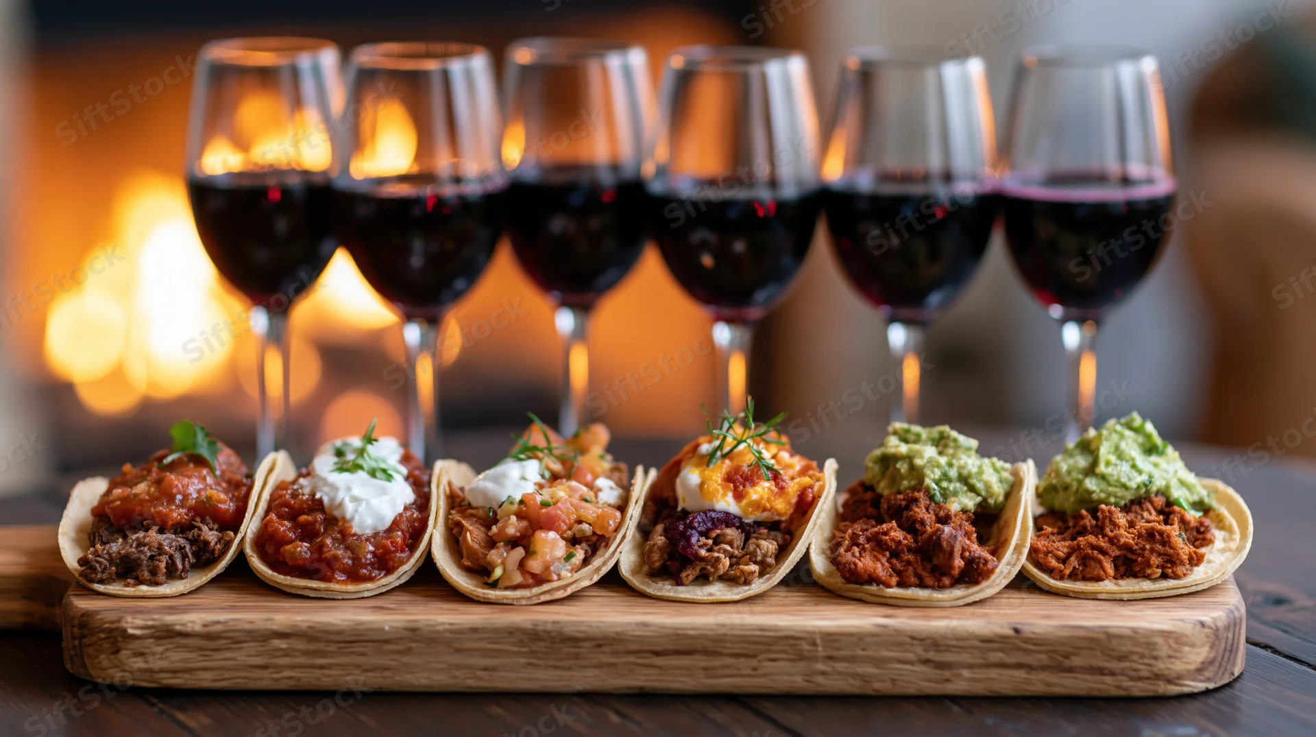 Six tacos with different fillings arranged on a wooden board with red wine glasses behind them on a table