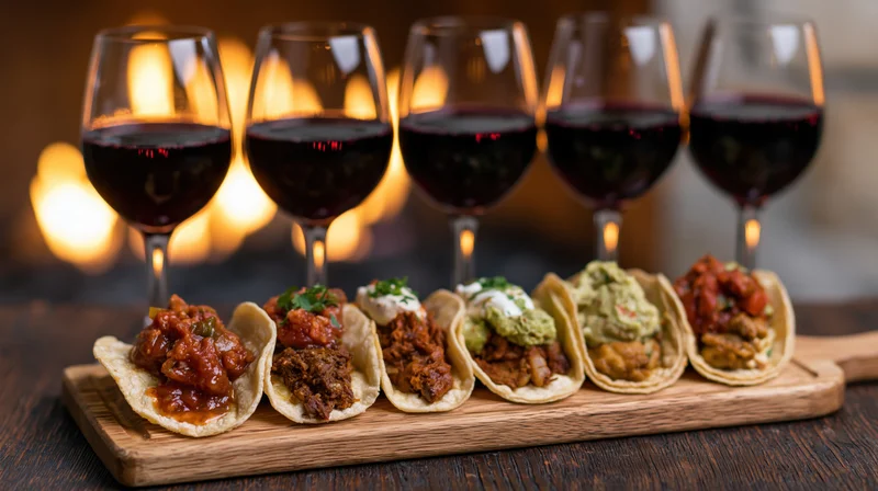Six tacos with various fillings arranged on a wooden board with red wine glasses behind them on a dark table