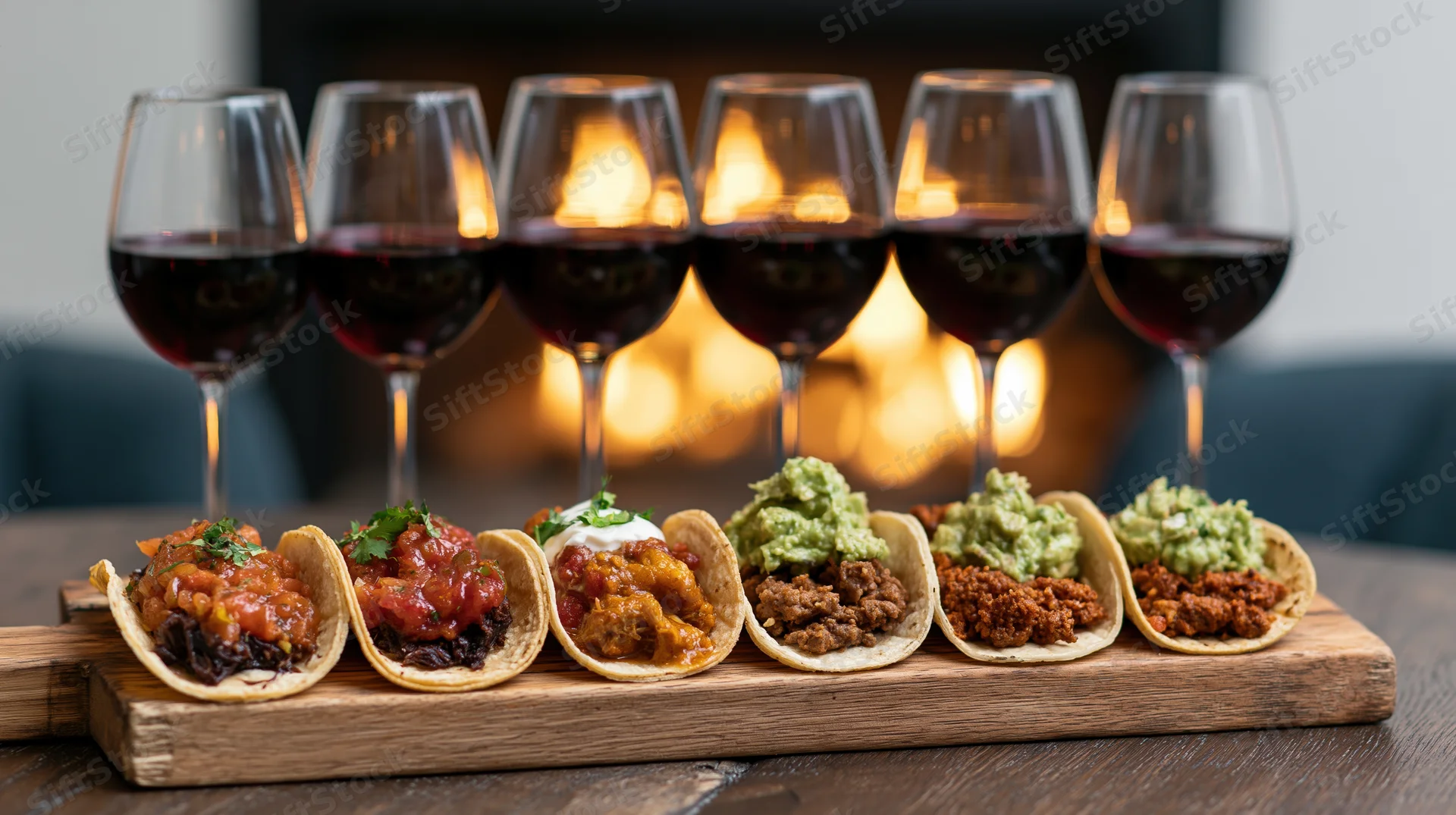 Six tacos with various fillings arranged on a wooden board with red wine glasses behind them in front of a fireplace