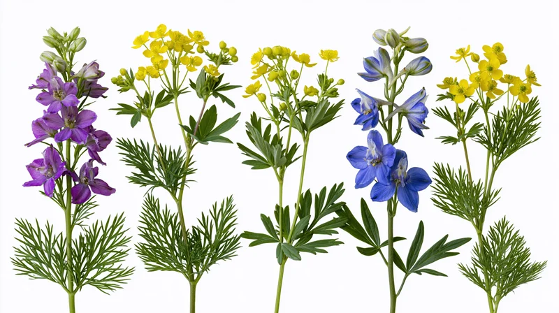 Six wildflower stems arranged in a row against a white background