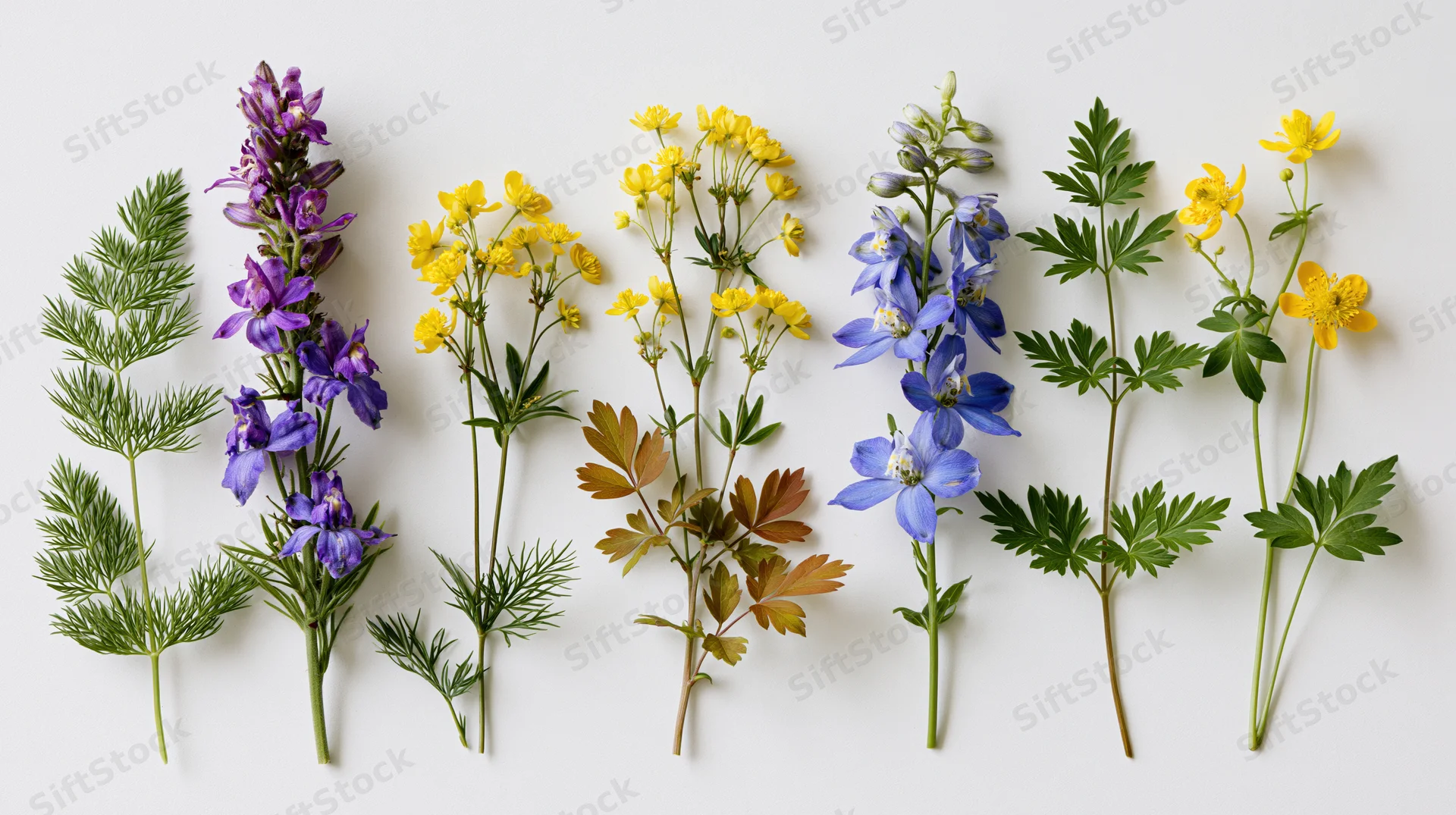 Six wildflower stems arranged in a row on a white background