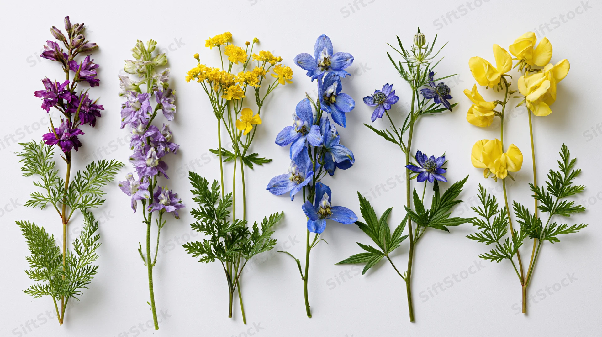 Six wildflower stems arranged in a row on a white background