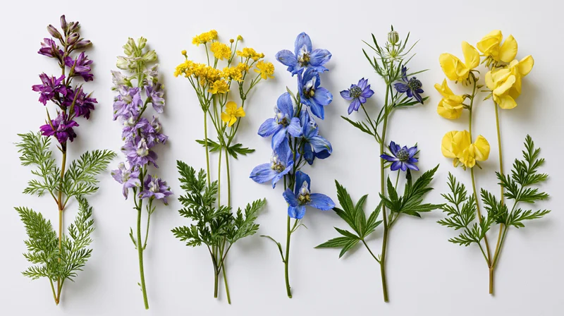 Six wildflower stems arranged in a row on a white background