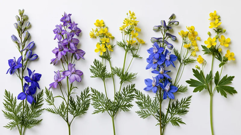 Six wildflower stems arranged in a row against a white background