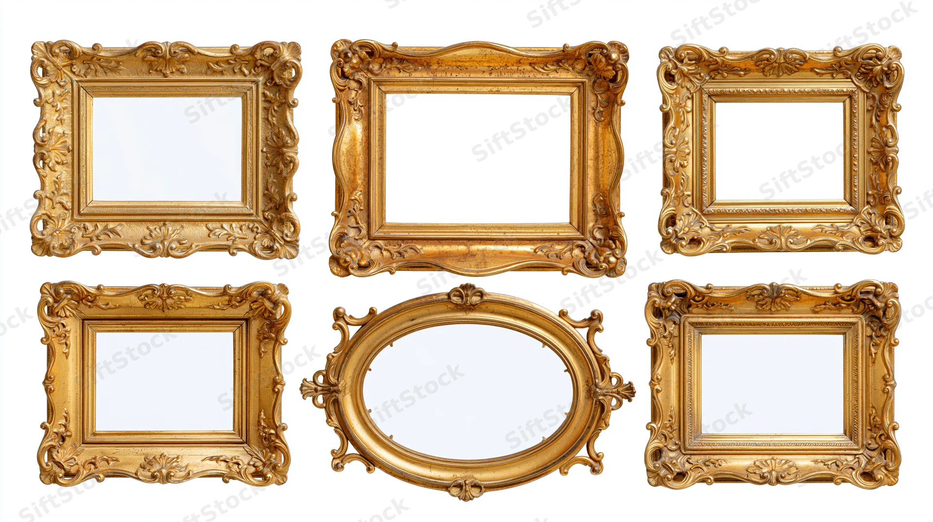 Six ornate gilded picture frames arranged in two rows against white background