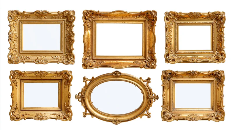 Six ornate gilded picture frames arranged in two rows against white background
