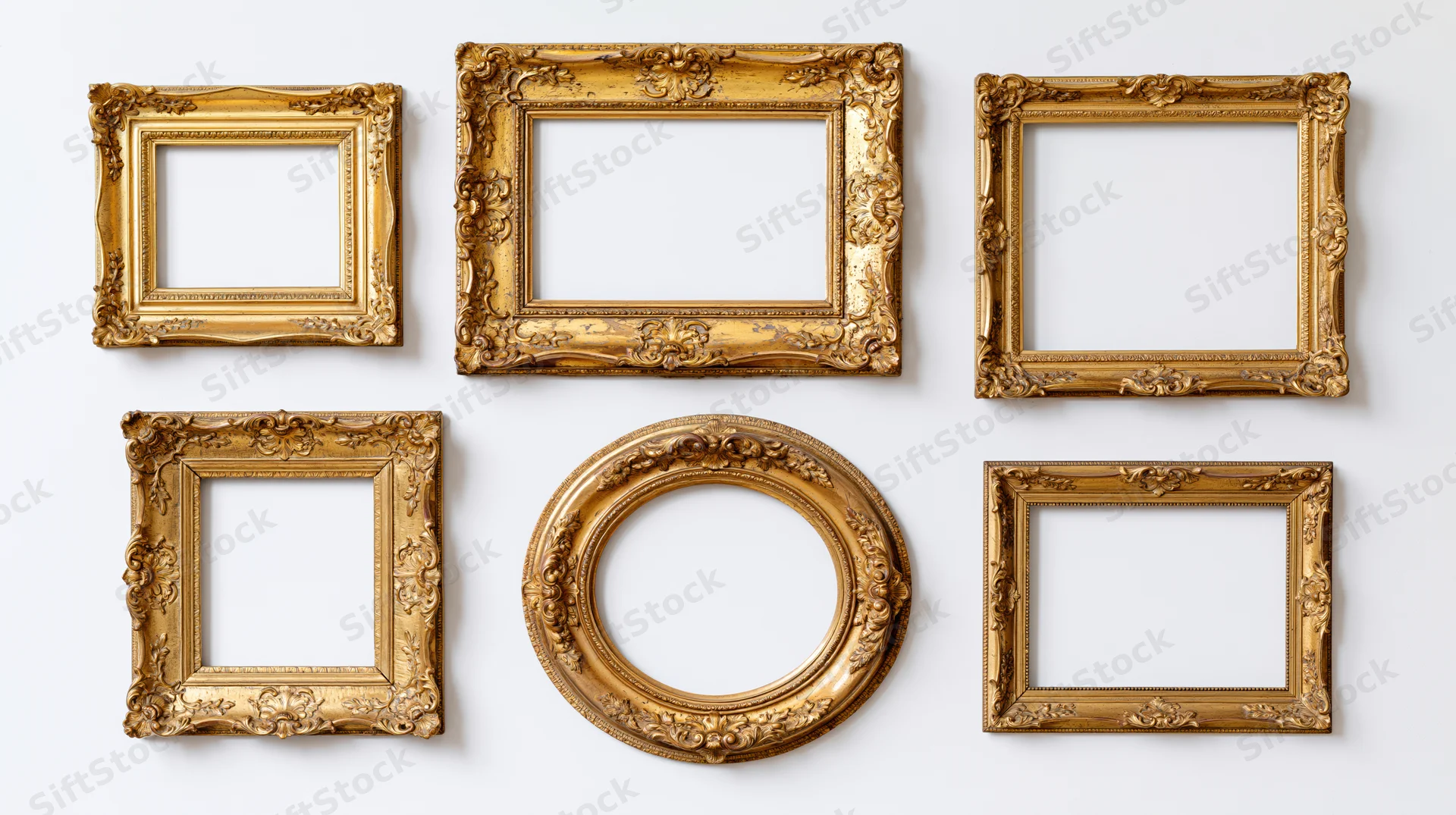 Six ornate gilded picture frames arranged in two rows on a white background