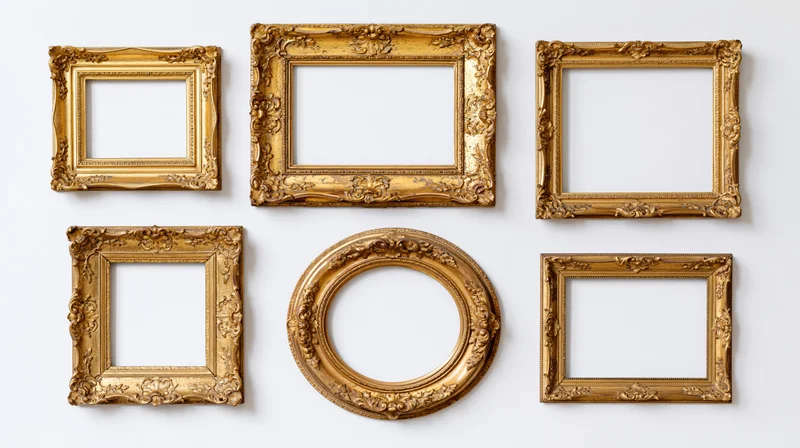 Six ornate gilded picture frames arranged in two rows on a white background