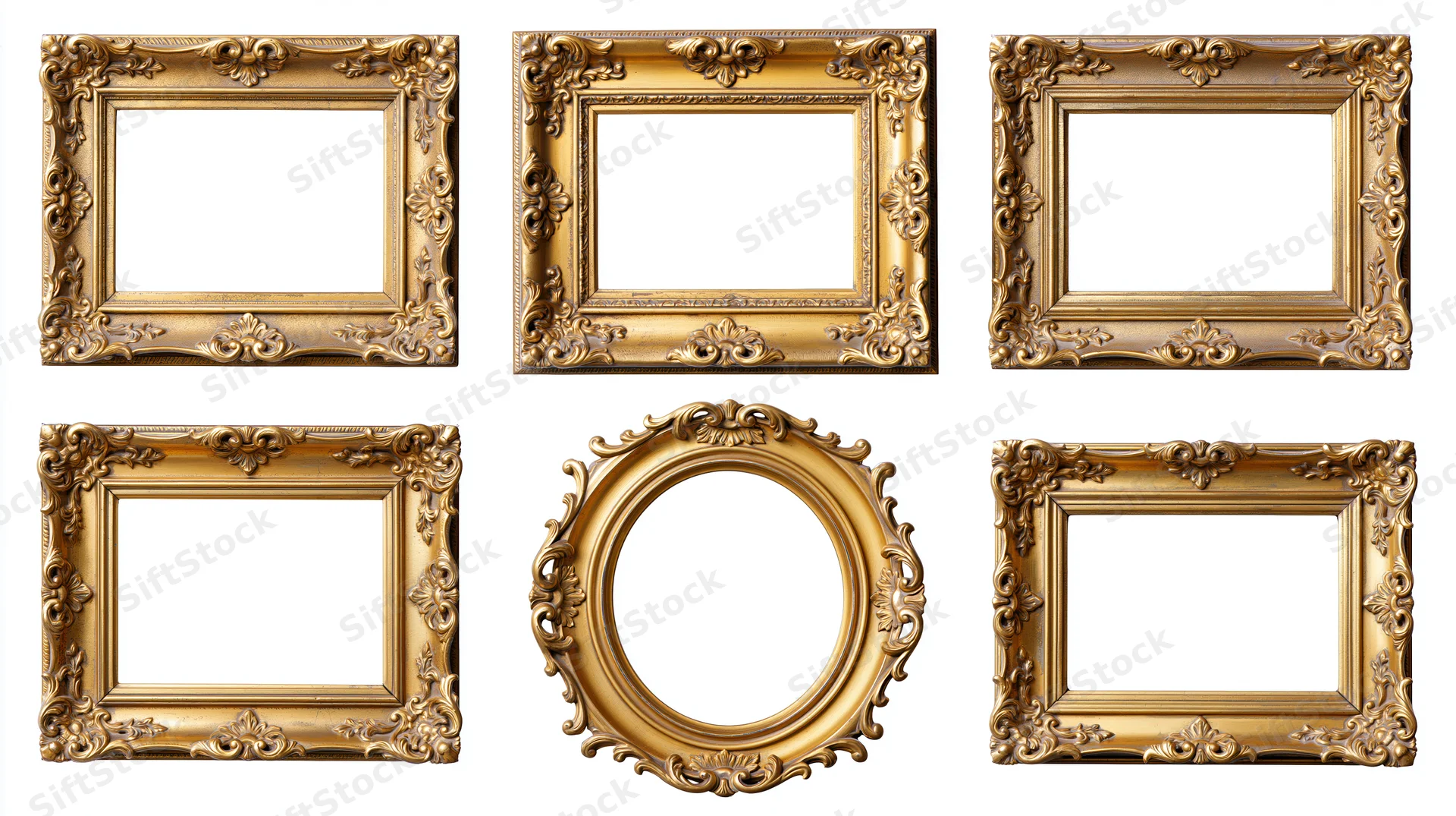 Six ornate gilded picture frames arranged in two rows against white background