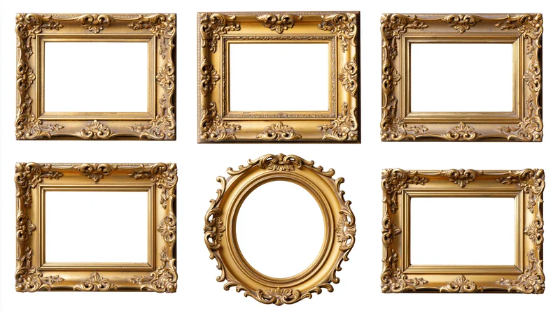 Six ornate gilded picture frames arranged in two rows against white background