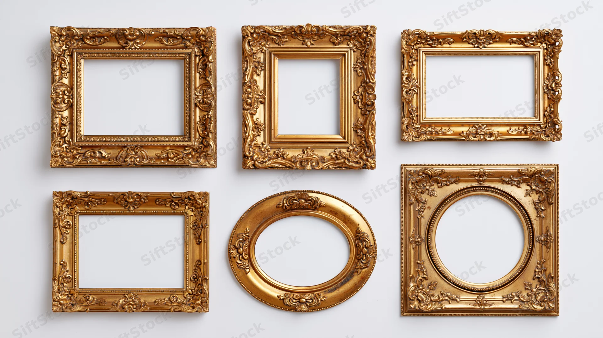 Six ornate gilded picture frames arranged in two rows against a white background