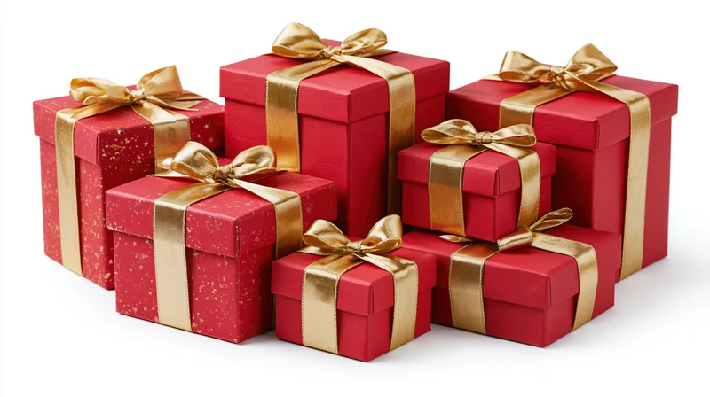 Cluster of red gift boxes with gold ribbons and bows arranged on white background