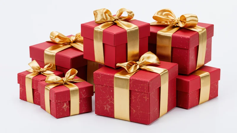 Red gift boxes with gold ribbons arranged in a cluster on white background