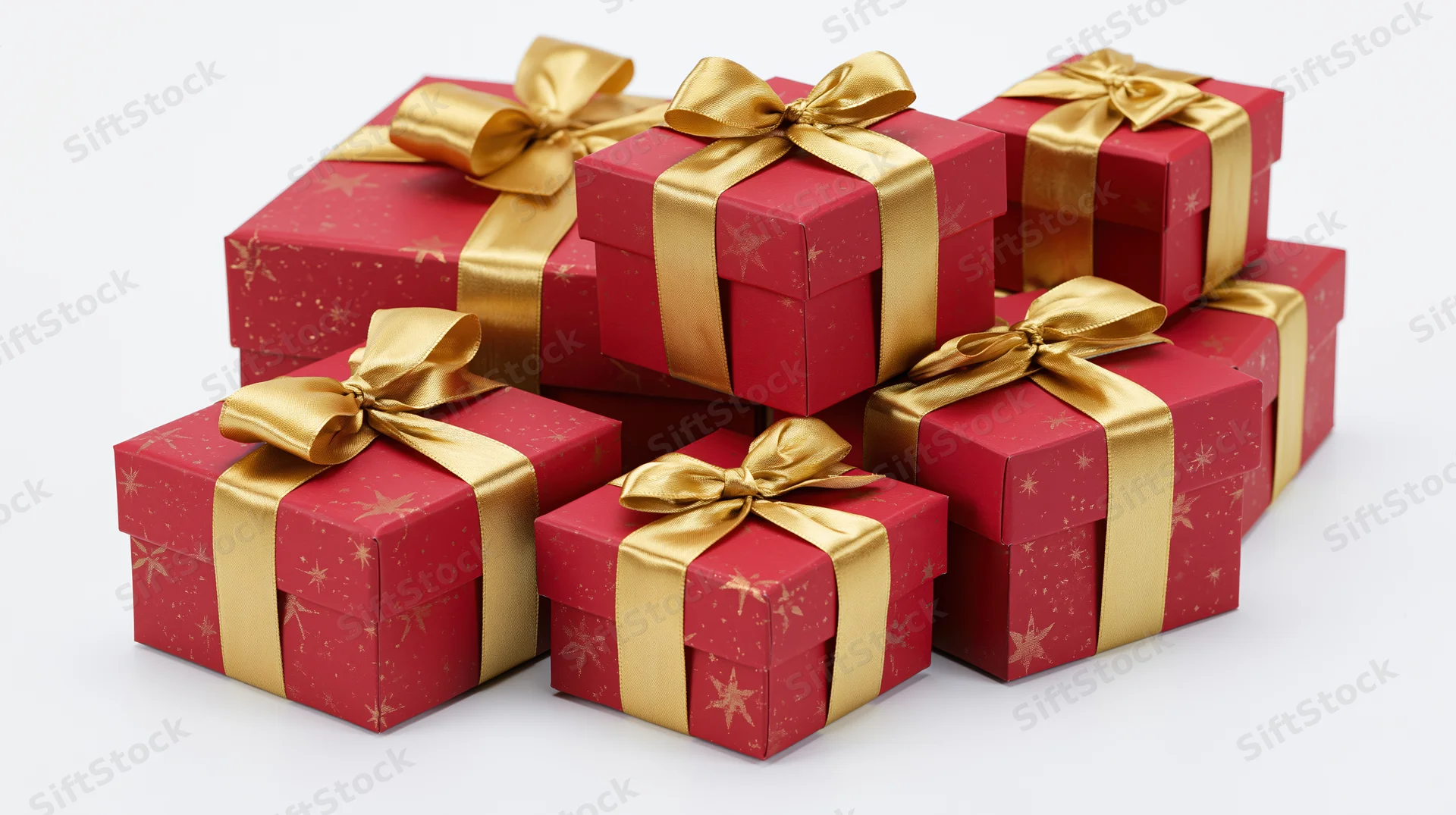 Red gift boxes with gold ribbons arranged in a cluster on white background