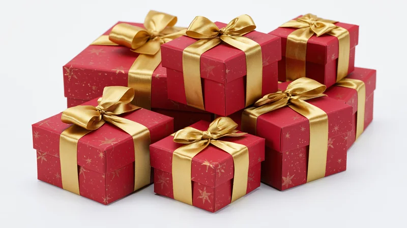 Red gift boxes with gold ribbons arranged in a cluster on white background