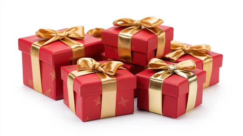 Six red gift boxes with gold ribbons arranged in a cluster on white background