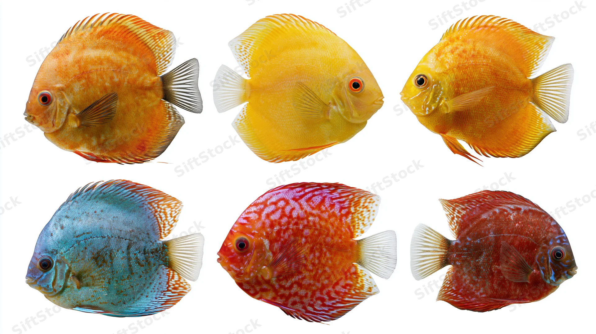 Six discus fish specimens arranged in two rows on white background