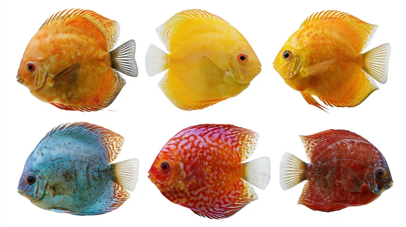 Six discus fish specimens arranged in two rows on white background