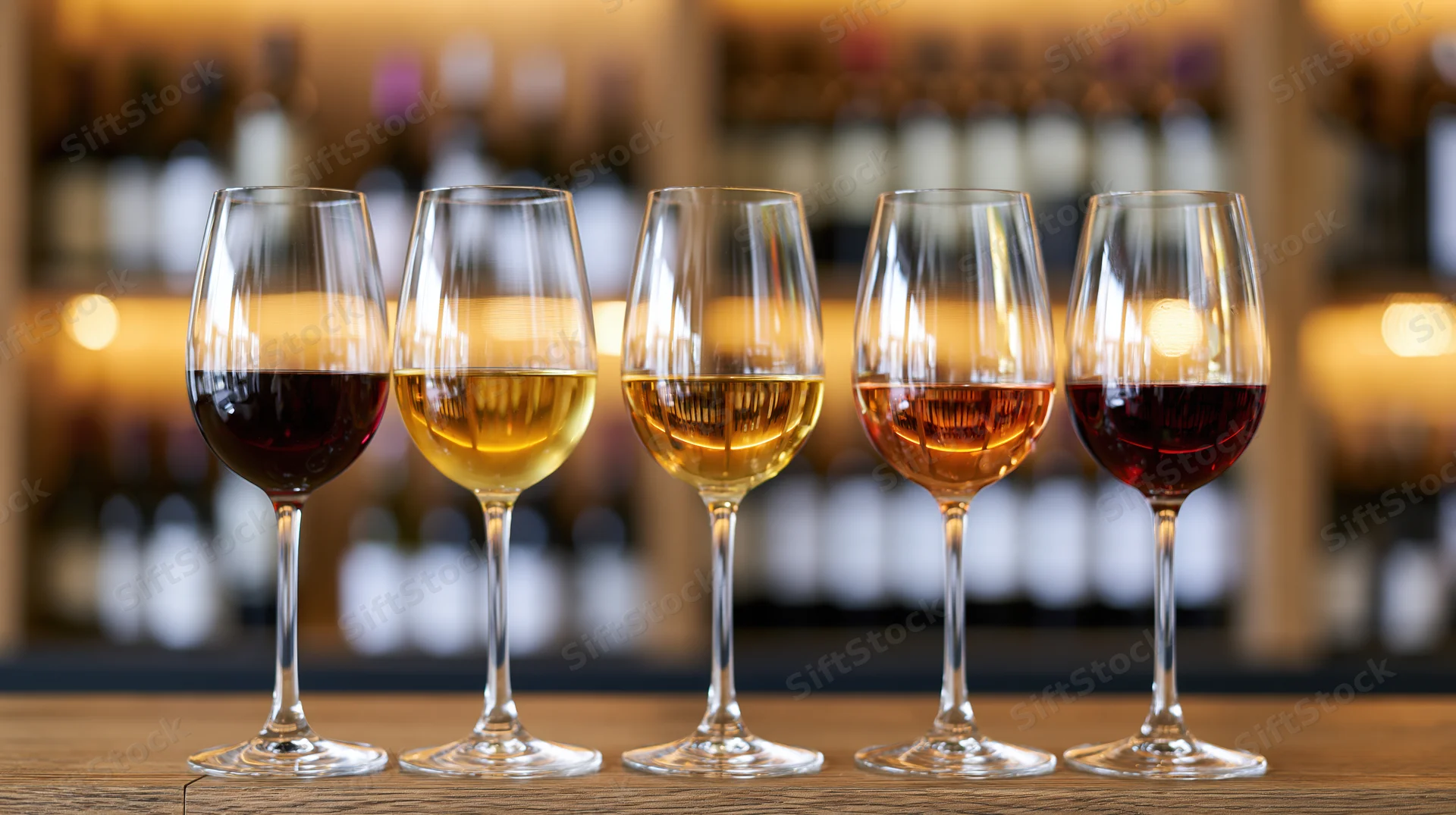 Five wine glasses filled with different colored wines arranged in a row on a wooden bar counter with blurred bottles in the background