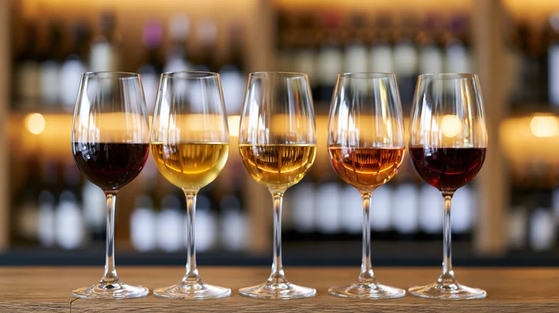 Five wine glasses filled with different colored wines arranged in a row on a wooden bar counter with blurred bottles in the background