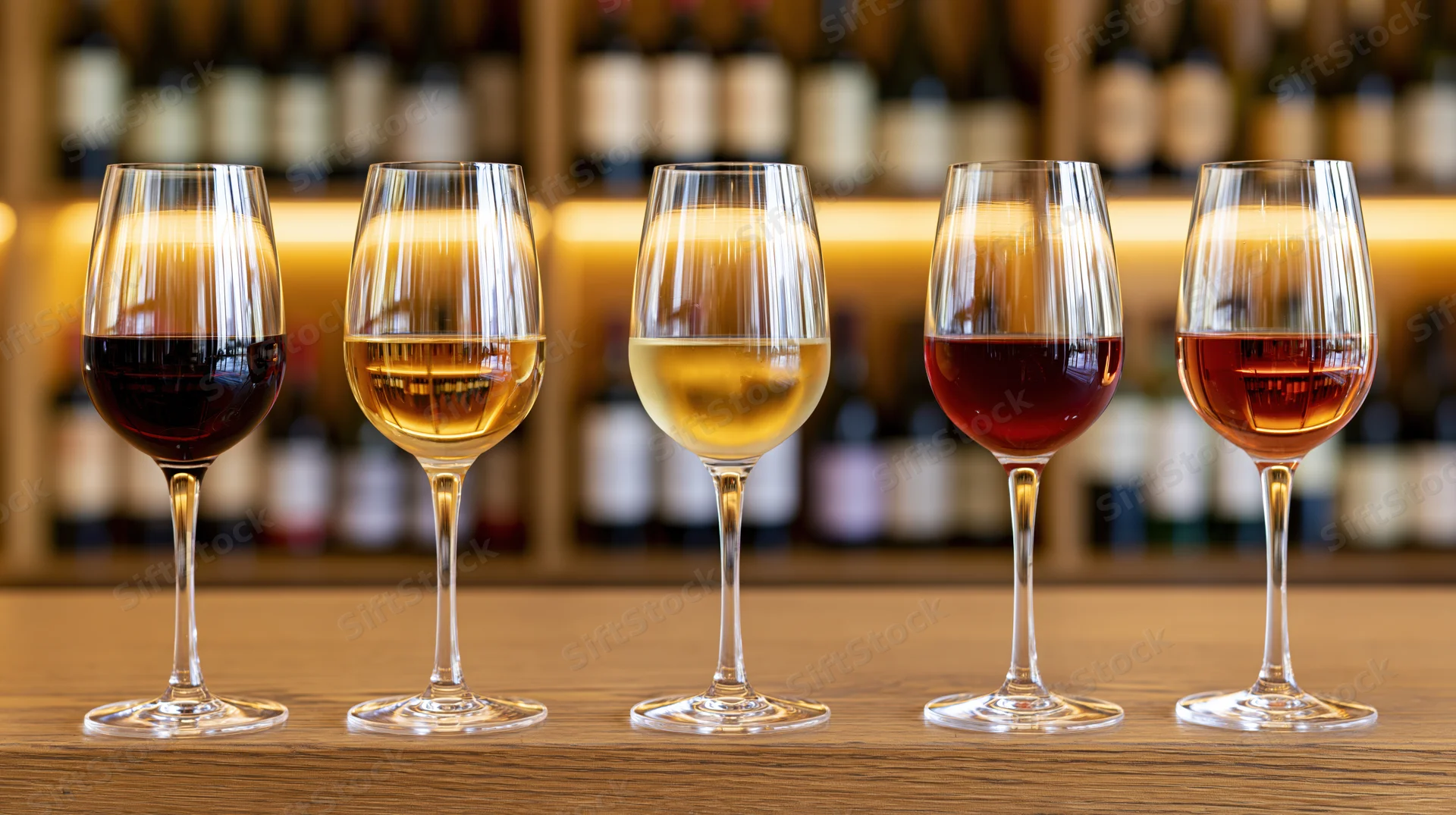 Five wine glasses filled with red, white and rosé wines arranged in a row on a wooden bar counter