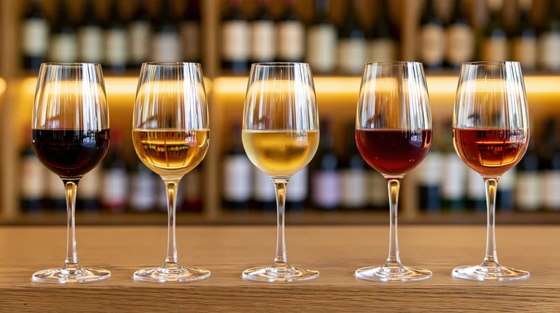 Five wine glasses filled with red, white and rosé wines arranged in a row on a wooden bar counter