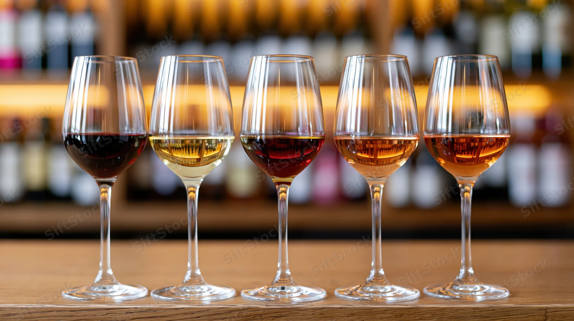 Five wine glasses in a row on a wooden bar counter each filled with different colored wine