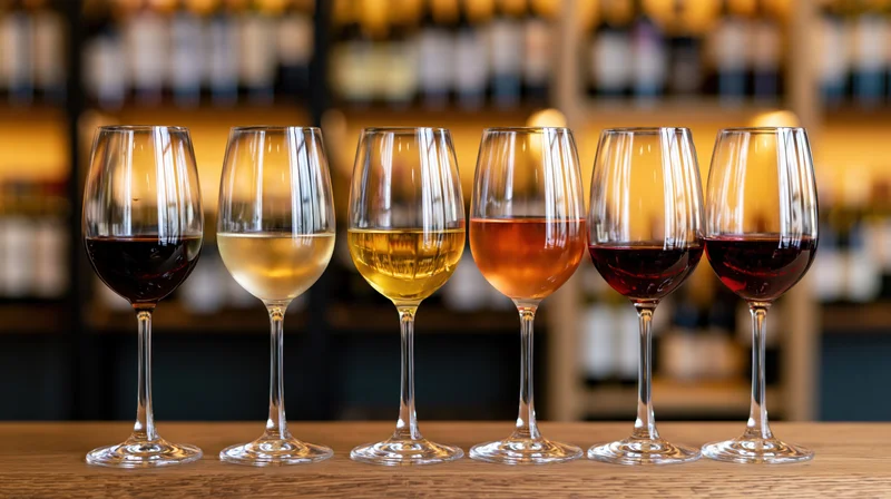 Six wine glasses in a row on a wooden bar counter each filled with different colored wine