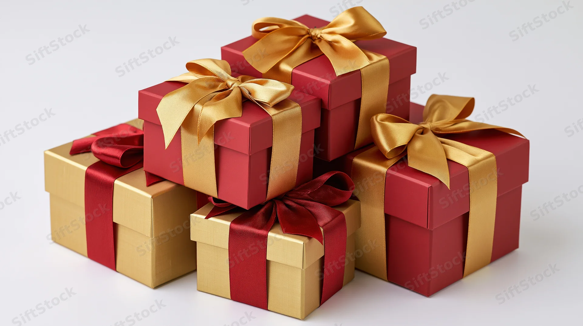 Stacked red and gold gift boxes with ribbons on white background