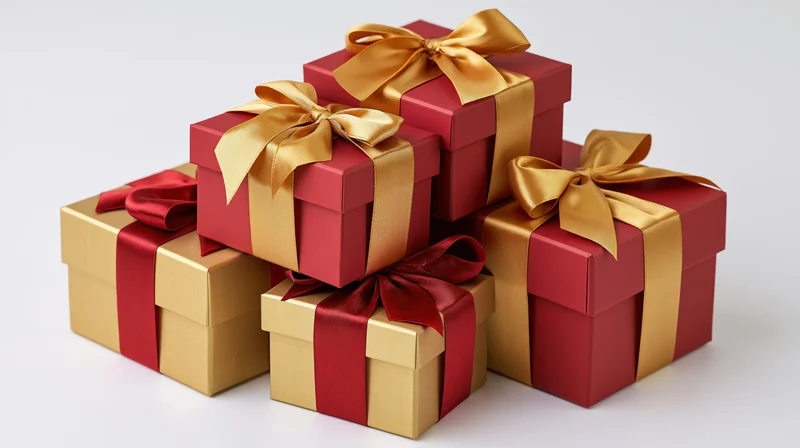 Stacked red and gold gift boxes with ribbons on white background