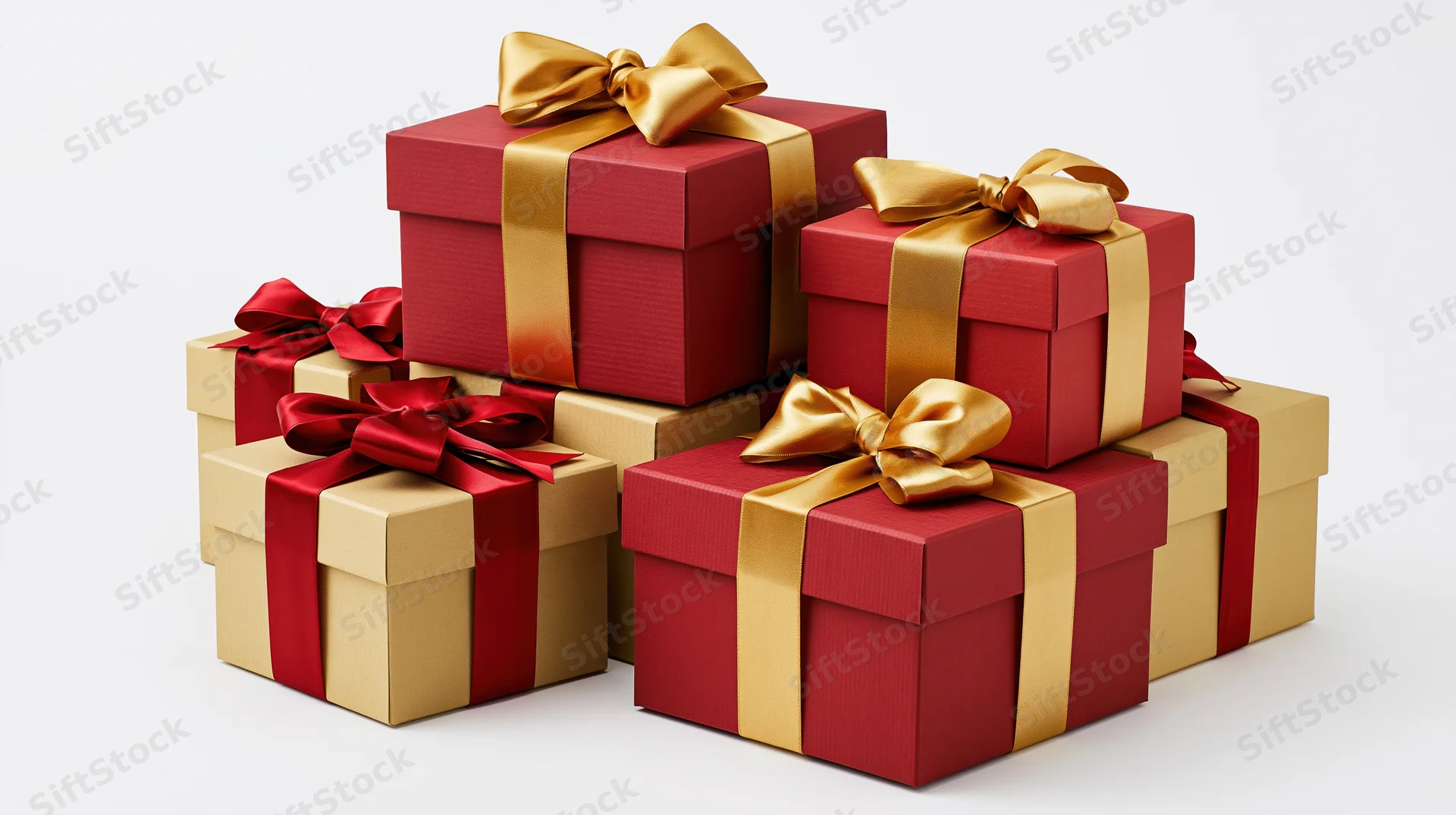 Stacked red and gold gift boxes with ribbons and bows on white background