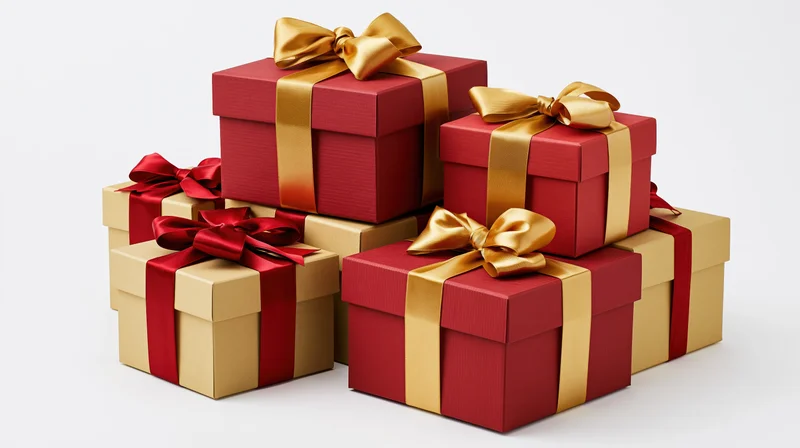 Stacked red and gold gift boxes with ribbons and bows on white background