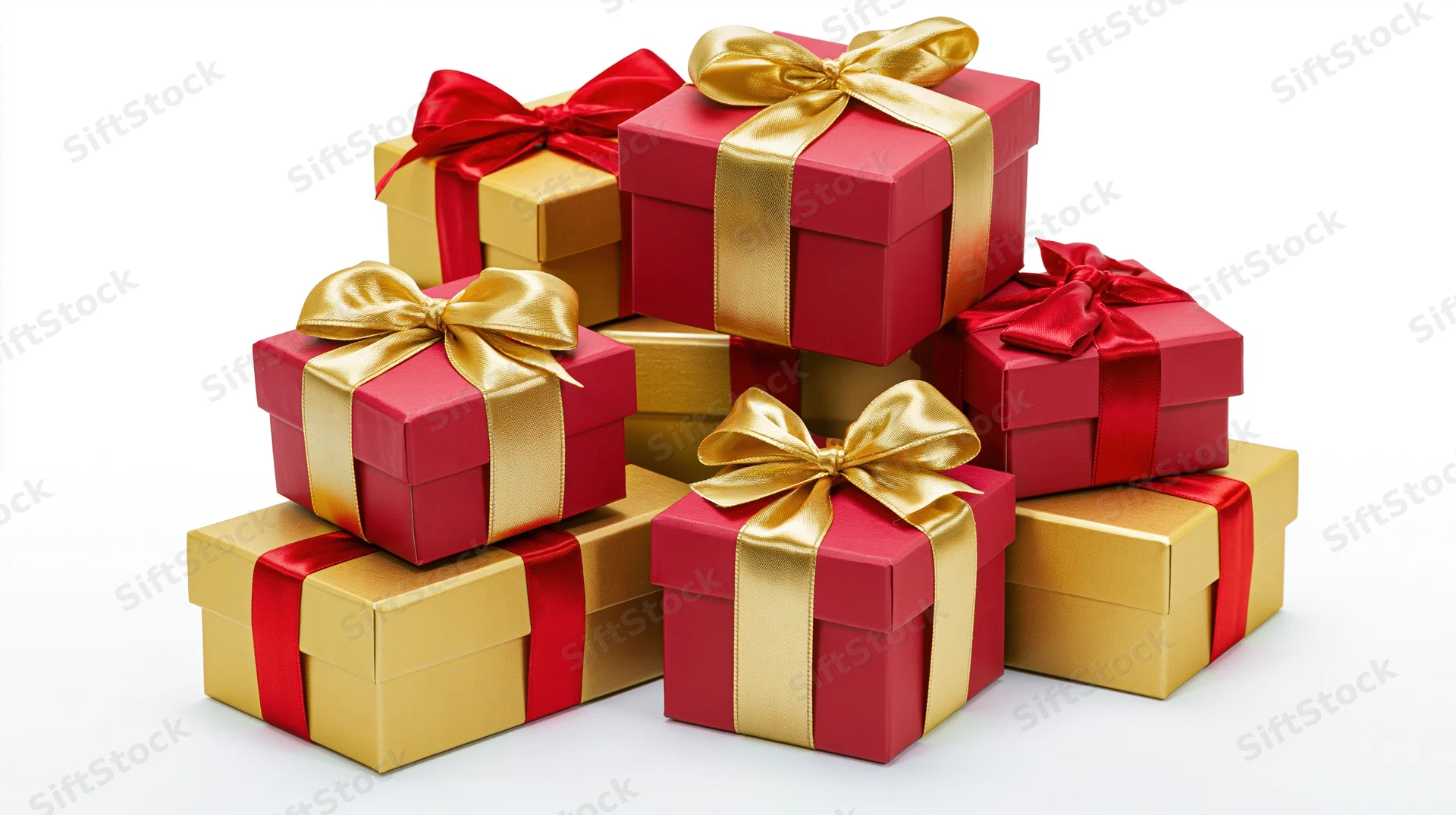 Stacked red and gold gift boxes with ribbons and bows on white background