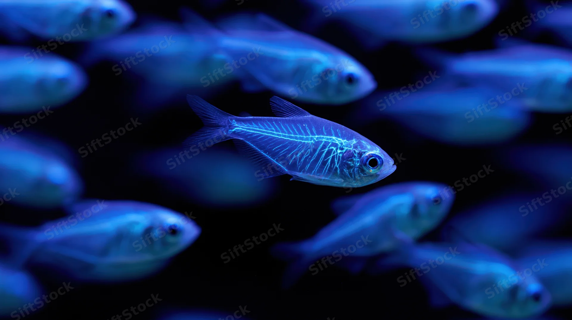 Bioluminescent fish glowing with electric blue light swimming in dark aquarium water