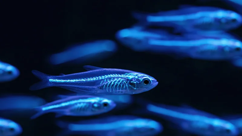 Bioluminescent fish glowing with electric blue light in dark aquarium water