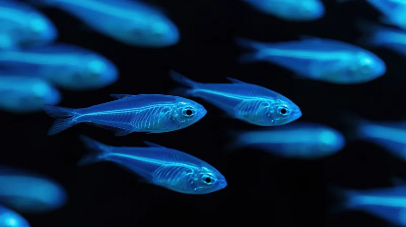School of bioluminescent fish glowing with electric blue light in dark water