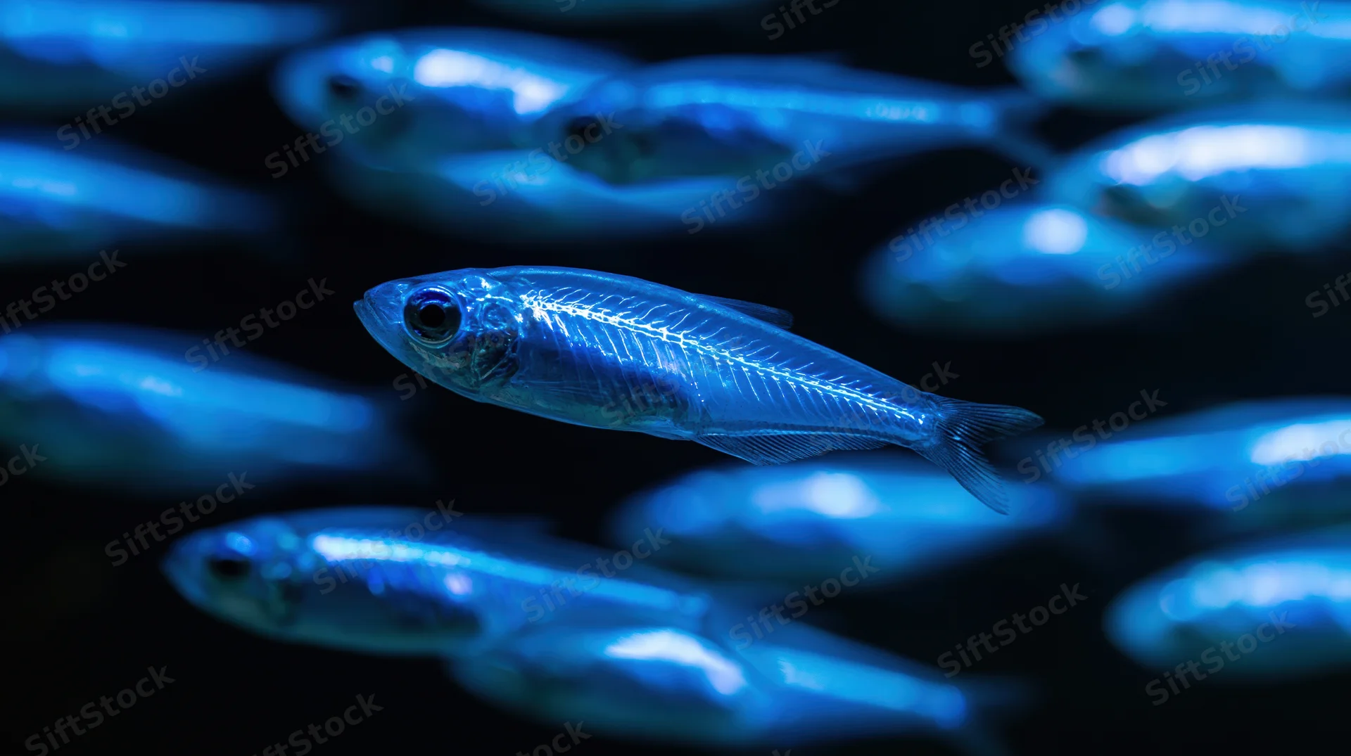 Bioluminescent fish swimming in a dark aquarium with glowing blue bodies and visible skeletons