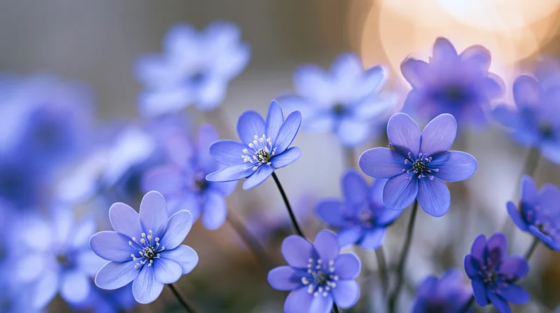 Small blue hepatica wildflowers in bloom clustered close to each other in a soft natural setting