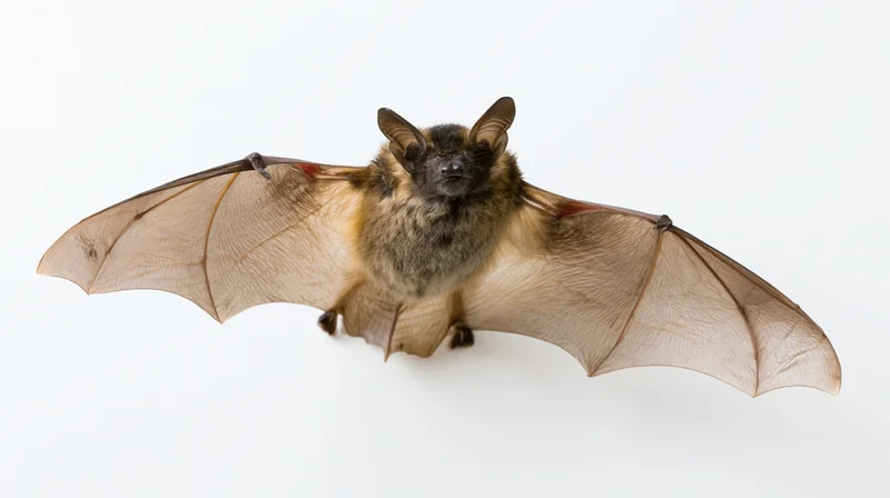 Small brown bat in mid-flight with wings fully extended against white background